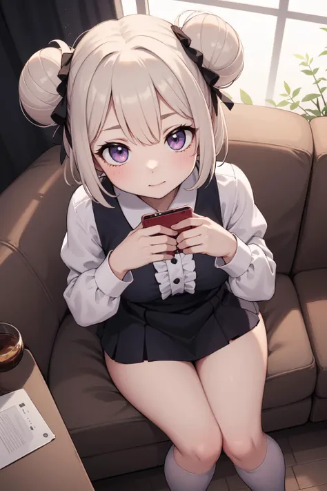 Selfie,Close-up of a woman in a dress photographing herself with a mobile phone,NSFW, White panties, cute girl, short silver hair, , black knee-high socks, ,High heel pumps,Gothic Lolita(:1.3),>:),upper body,Selfie,Girl sitting on the floor photographing herself with a mobile phone