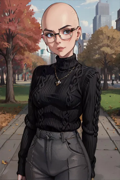 <lora:hairstyles-baldie:0.5>, baldie_hairstyle, beautiful woman wearing black sweater, glasses, city park in autumn || masterpiece, perfect quality, sharp focus, shallow depth of field, 8k
