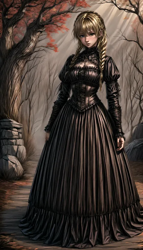 medieval, fantasy, spooky, gothic, haunted forest background, ancient stone structures in the background,
straight-on, full body, (female:1.2), adult, blonde hair, medium hair, medium breasts, wide jaw, small nose, (black eye color:0.8), brown eye color, medieval goth shirt with frills and juliet sleeves, big sturdy boots, dominant, confident pose, dangerous, 
HD, very detailed, 
 <lora:Evil:1.0>, evilrealm <lora:Bloodborne:0.2>,  <lora:more_details:1.0> ,<lora:Gothic_Outfit:0.7> gothout,  <lora:knotless_braid_hairstyle:0.5> knotless_braid_hairstyle