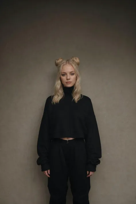badass woman (Lizzy), 28 years old, blonde hair, space_buns_hairstyle, black outfit, (oversized pullover, baggy pants:1.2), taken on a hasselblad medium format camera, by ilya kuvshinov, alessio albi, nina masic, <lora:space_buns_hairstyle:0.35>, <lora:ReaLora:0.6>