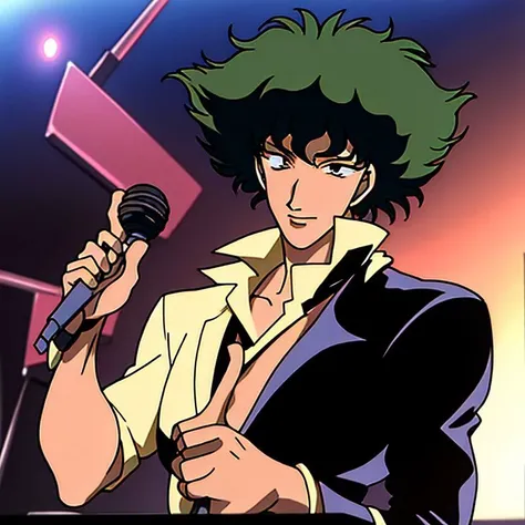 <lora:Cowboy_Bebop:0.7> (spike spiegel:1.1) michael jackson black kid holding microphone concert in the 70s