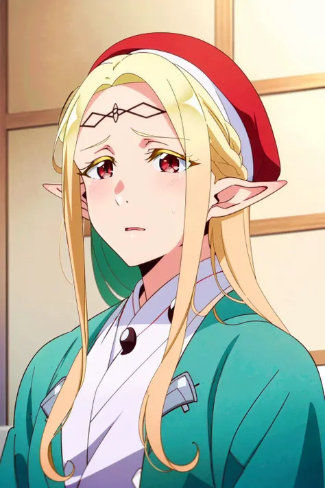 2d, masterpiece, anime, perfect lighting, (beautiful, best quality:1.1), perfect eyes, absurdres, 8k,
1girl, solo, (absurdres), finely detail,
<lora:Elda_v1.0:0.8>, elda, blonde hair, red eyes, long hair, pointy ears,
green_ jacket blue_hat,