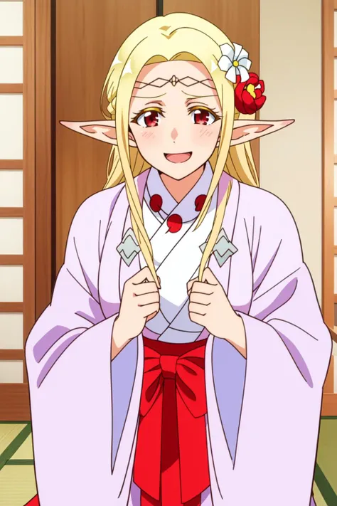 solo, 1girl, best quality, masterpiece,
<lora:Elda_v1.0:0.6>, elda, smile, open mouth, blonde hair, hair ornament, red eyes, flower, japanese clothes, pointy ears, hair flower, wide sleeves, elf, circlet, miko, tabi