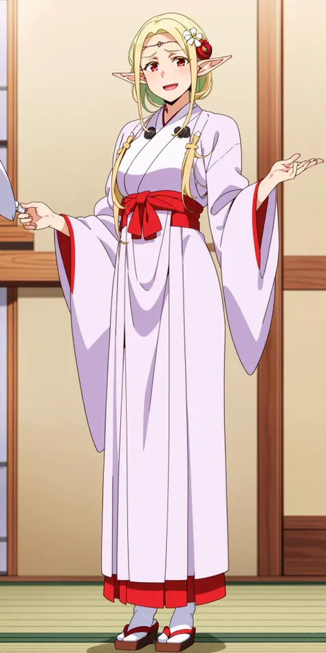 solo, 1girl, best quality, masterpiece,
full body, standing,
<lora:Elda_v1.0:0.6>, elda, smile, open mouth, blonde hair, hair ornament, red eyes, flower, japanese clothes, pointy ears, hair flower, wide sleeves, elf, circlet, miko, tabi