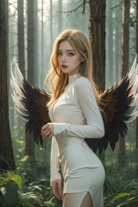 Ultra-detailed and gorgeous, gorgeous long blonde hair flows, a ferocious vampire woman standing with her wings spread in the night, elegant black and red dress, beautiful face, stylish, red eyes,
Cinema-like lighting, the female figure with a fantastical cold air and the contrast of bolder color schemes and elements give the work a fascinating narrative. Realism expressed in dark design colors, photorealistic, 8k, fantasy digital art, HDR, UHD.