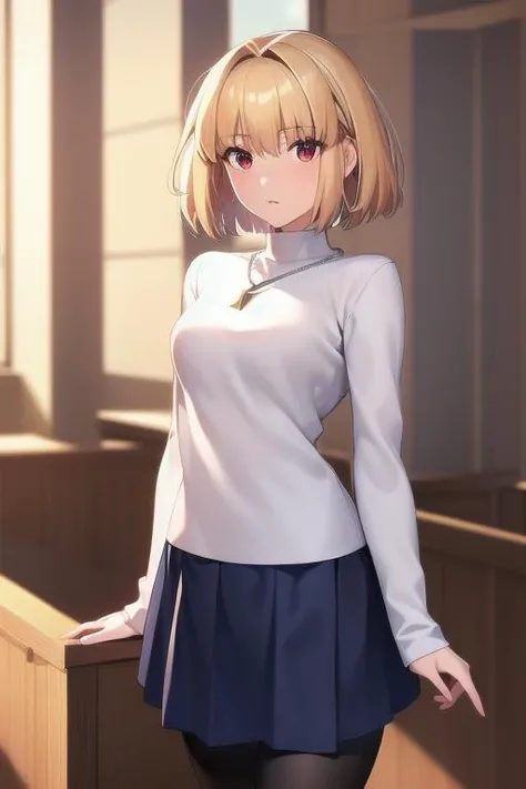 (masterpiece, best quality, 8k, highly detailed, highres, ultra-detailed, perfect eyes), 1girl, solo, arcueid, blonde hair, short hair, red eyes, sweater, white sweater, necklace, pleated skirt, blue skirt, leggings, (black leggings:1.2), boots, brown boots, <lora:Arcueid_Brunestud__Tsukihime:0.8>