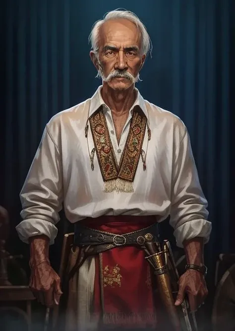 An old Cossack in a white embroidered shirt exudes wisdom and dignity. The deep wrinkles on his face testify to a rich life history. Experience and firm will can be seen in his eyes. He wears his embroidered shirt with pride, embodying the traditions and heritage of his people. His presence inspires respect and admiration among young Cossacks who seek his advice and wise words. <lora:Cossak:0.75>