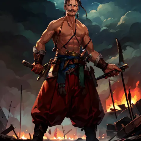 (masterpiece, best quality, absurdres), <lora:Cossak:0.8> 1man, full body, (detailed face, detailed body):1.4, realistic, mature, mustache, blue eyes, Ukrainian, holding swords, (setting: battlefield):1.2, fire, dark sky, cloudy