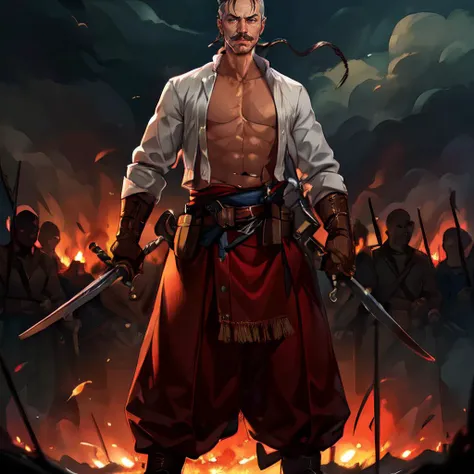 A man with a sword standing in front of a fire - SeaArt AI