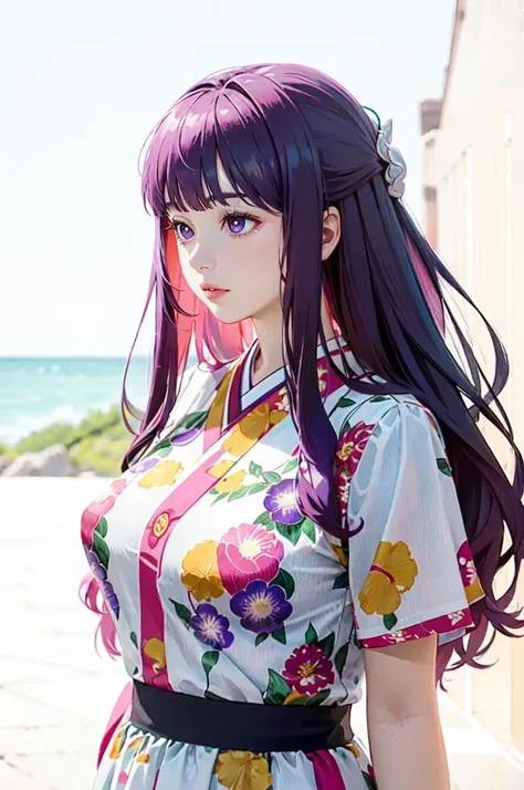 <lora:jinbei v1.0:0.5> jyojifuku, floral print, short sleeves,   <lora:FernV2:1> FernFrieren, purple pupils, long hair, half updo,, absurdres, ultra detailed, masterpiece, best quality, aesthetic, detailed,