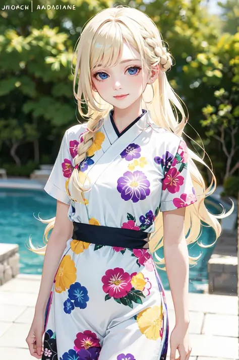 <lora:jinbei v1.0:0.5> jyojifuku, floral print, short sleeves,, absurdres, ultra detailed, masterpiece, best quality, aesthetic, detailed,, solo, soft smile, light smile,
katya1, 1girl, blue eyes, very long hair, blonde hair, long blonde hair, french braid, bangs, medium breasts,