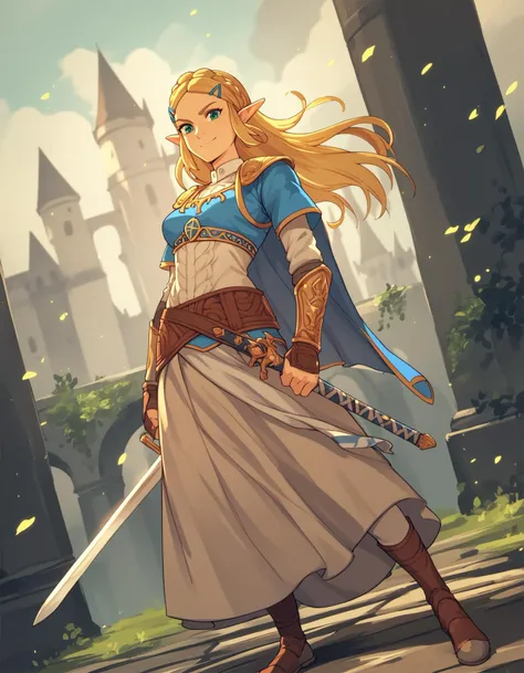 score_9,  score_8_up, score_7_up, source_anime, <lora:confetti-extract-ponyxl:1> 1girl, solo, princess zelda, sword, smirk, stance, castle, cinematic lighting