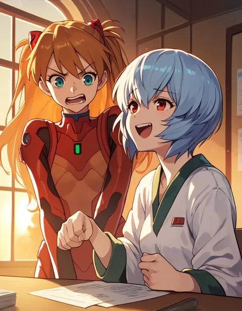 score_9,  score_8_up, score_7_up, source_anime, <lora:confetti-extract-ponyxl:0.6> 2girls, arguing, sunset, table, window, cinematic lighting BREAK
souryuu asuka langley, angry, open mouth BREAK
ayanami rei, blue hair, smug