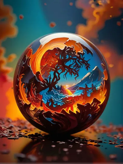 kirigami, paper cut, a surreal and vibrant scene. At the center, there's a spherical object that appears to be a crystal ball, but with a twist it's not just a crystal ball, it's a portal to another world. The portal is a swirling vortex of colors, with hues of red, orange, and yellow dominating the scene, suggesting a fiery or molten core. 
. <lora:MJ52:0.4> <lora:eye_catching:0.8>  , <lora:KirigamiXL:0.9>