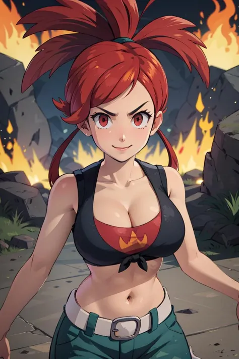 thick outline、comics、photorealistic、perfect hands、masterpiece:1.2、volcanoes、hot spring、lava、Colossal breasts mature woman、Colossal breasts mature woman、、solo、dynamic pose、orasFlannery、sleeveless front tie top、cleavage、abdomen、white belt、Blue pants、medium breasted、Detailed background、detailed face、detailed eyes、
