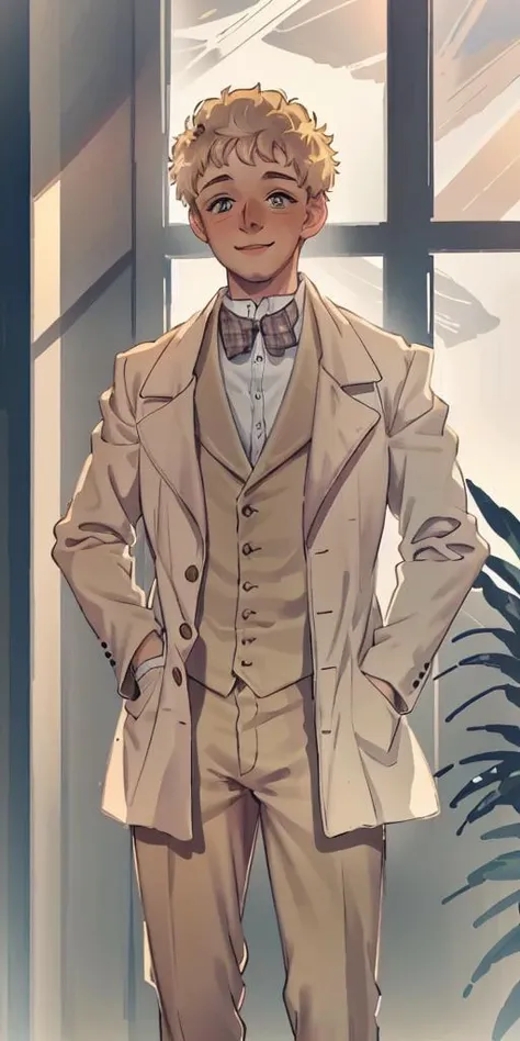 goaz, an informal portrait photo of a man, eyebags, wrinkles, wearing a tan suit and white shirt and bow tie, standing in a study next to a window with hands in pockets, smiling, extremely detailed face, , <lora:Aziraphale-Lora:1>