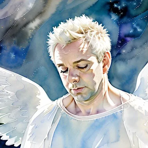 A watercolor painting of goaz stargazing and looking up, ((white wings)), dark lashes, wearing flowing black tunic, feathers floating in air, extremely detailed face, high skin detail, stunningly beautiful, heavenly, iridescent gold, highly detailed, sharp focus, radiant light rays, <lora:epiNoiseoffset_v2:1>