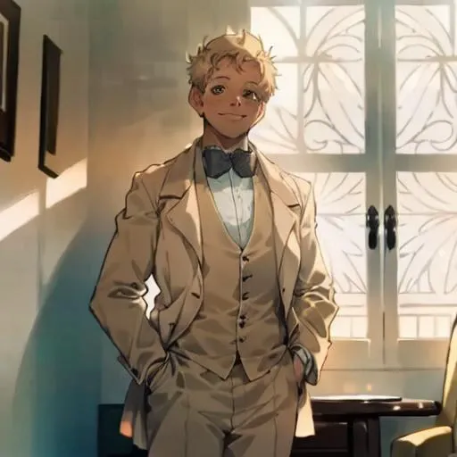 goaz, an informal portrait photo of a man, eyebags, wrinkles, wearing a tan suit and white shirt and bow tie, standing in a study next to a window with hands in pockets, smiling, extremely detailed face, , <lora:Aziraphale-Lora:1>