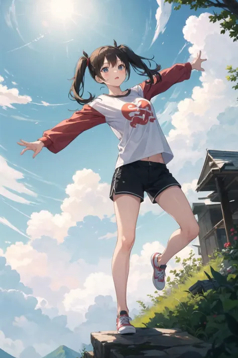 1girl, casual clothes, t-shirt, shorts, twintails, long hair, outdoors, full body, balancing, standing on object, nature