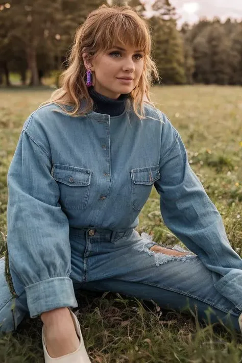 (((Close up head portrait))), ((Wearing a turtleneck sweater)) and ((very distressed jeans)), ((Professional Photo Shoot)), ((in the country next to a river)), ((Sitting on the grass with legs crossed)), smiling, model shoot style, extremely intricate, High Detail, Sharp focus, dramatic, soft cinematic light, (looking at viewer), (Real Eyes), (Detailed Eye Corneas), (detailed pupils), smiling, 24mm, photo lab, elegant, insane details, hyperdetailed, low contrast, epiCRealism, (((SFW))) <lora:Debby_Ryan:0.85> debby ryan