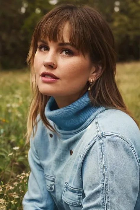 (((Close up head portrait))), ((Wearing a turtleneck sweater)) and ((very distressed jeans)), ((Professional Photo Shoot)), ((in the country next to a river)), ((Sitting on the grass with legs crossed)), smiling, model shoot style, extremely intricate, High Detail, Sharp focus, dramatic, soft cinematic light, (looking at viewer), (Real Eyes), (Detailed Eye Corneas), (detailed pupils), smiling, 24mm, photo lab, elegant, insane details, hyperdetailed, low contrast, epiCRealism, (((SFW)))     <lora:Debby_Ryan:0.85> debby ryan
