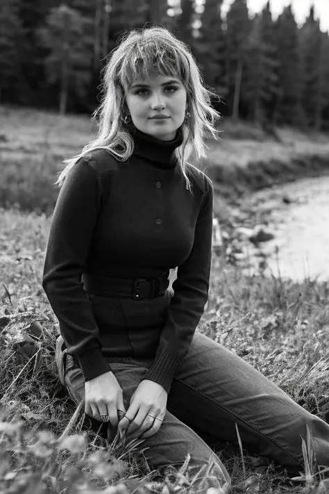 (((Close up head portrait))), ((Wearing a turtleneck sweater)) and ((very distressed jeans)), ((Professional Photo Shoot)), ((in the country next to a river)), ((Sitting on the grass with legs crossed)), smiling, model shoot style, extremely intricate, High Detail, Sharp focus, dramatic, soft cinematic light, (looking at viewer), (Real Eyes), (Detailed Eye Corneas), (detailed pupils), smiling, 24mm, photo lab, elegant, insane details, hyperdetailed, low contrast, epiCRealism, (((SFW))) <lora:Debby_Ryan:0.85> debby ryan