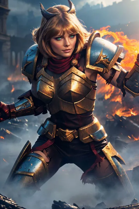 a realistic digital painting of (mpfe1ffer:1.2), A female human barbarian is seen charging fearlessly in the heat of battle. This (photorealistic:1.35) depiction presents her with (torn leather armor:1.3) and tribal tattoos that enhance her intimidating presence. Wielding a massive axe, her face twisted into a battle cry, she embodies the fury of a true barbarian. The battlefield around her is a blur of movement and chaos, reflecting the barbarian's raw energy and unbound power. , A short, choppy bob with plenty of texture and layers, styled in a sexy and edgy look that highlights the cheekbones and jawline. wearing (As female Sister of Battle from Warhammer 40k, create a valiant, awe-inspiring artwork. She stands in a war-torn Imperial city, flames rising as the Ecclesiarchy s cathedrals crumble. Dressed in a highly detailed Adepta Sororitas power armor with flowing red cloth, her bolter unleashing fury upon heretics, she embodies devotion. The backdrop s apocalyptic scenery with gargoyles, fire, and smoke represents a solemn testament to her unwavering faith in the Emperor.:1.2) , (Standing tall, she crosses her arms over her chest. Her feet are shoulder-width apart and she stares directly into the camera, her gaze is strong and determined.:1.1) ,(epic composition,unforgettable illustration,8k quality,subsurface scattering,Dramatic,8k,8k wallpaper,award winning,atmospheric lights,ethereal,hyperrealism,realistic,cinematic lighting,An inspiring, ultra-high-resolution image,high-resolution,best quality,emotional,incredibly detailed,captivating scene,vivid colors,masterpiece,smooth skin:1.2), <lora:Luis Royo and Woman v.2:0.55>