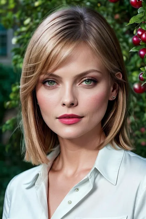 photo of seductive (mpfe1ffer-125:0.99), a woman as a sexy housewife, ((closeup portrait:1.1)), (buttoned up shirt:1.1), in a (garden with a house in the background), (long trousers), (masterpiece:1.5) (photorealistic:1.1) (bokeh) (best quality) (detailed skin texture pores hairs:1.2) (intricate) (8k) (HDR) (wallpaper) (cinematic lighting) (sharp focus), (vivid atmosphere), (face focus), (apple trees), (red lips)