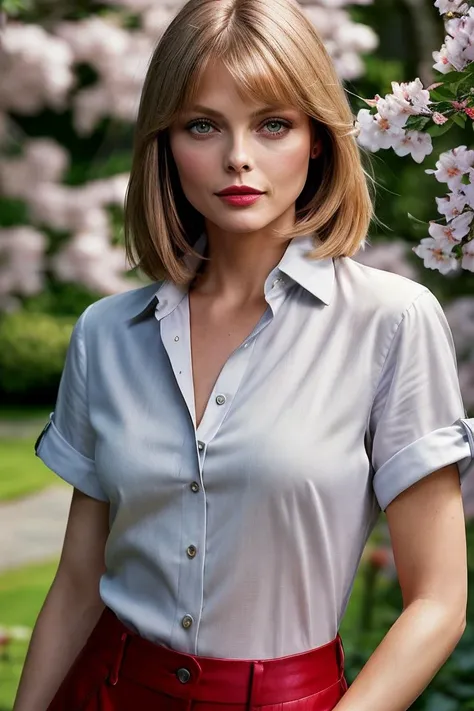 photo of seductive (mpfe1ffer-125:0.99), a woman as a sexy housewife, (closeup portrait:1.1), (buttoned up shirt:1.1), in a (garden with a house in the background), (long trousers), (masterpiece:1.5) (photorealistic:1.1) (bokeh) (best quality) (detailed skin texture pores hairs:1.2) (intricate) (8k) (HDR) (wallpaper) (cinematic lighting) (sharp focus), (vivid atmosphere), (face focus), (cherry trees), (red lips)