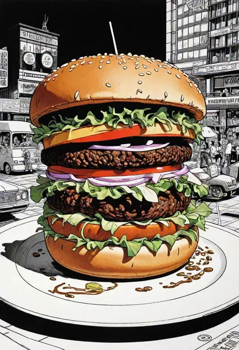 a delicious hamburger, drawn by jim steranko and ghibli pixar