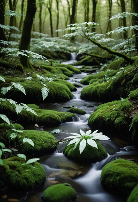 fantasmagorical ethereal odcha near a small river, green and white leaves, in a dense forest, photography, 35mm, ultra-detailed, fine details, scary
