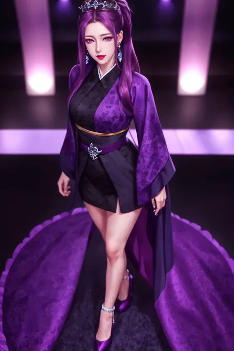 highres,absurdres,masterpiece,best quality,original,extremely detailed CG,extremely detailed wallpaper,perfect lighting,standing on the stage,lips,jitome,makeup,blurry background,from above,
<lora:aduofei:0.7>,Purple long hair,bare forehead,purple eyes,earrings,mature women,