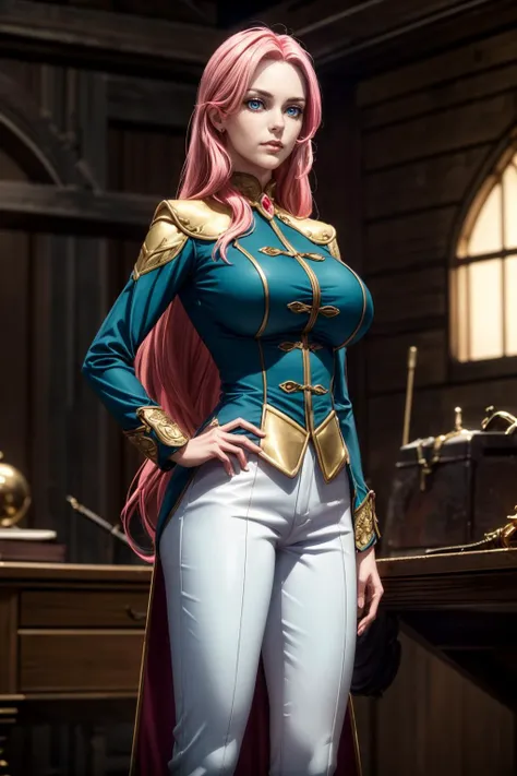 photorealistic, (4k), depth of field, (Masterpiece), (realistic skin texture), extremely detailed, intricate, hyper detailed, professional photography, bokeh, high resolution, sharp detail, best quality, woman, long hair, pink hair, blue eyes, teal and gold military uniform, white pants, white pelt, dynamic pose, (standing with hands on hips), outdoors, mountain, rocky hills, stones, mountainous horizon,