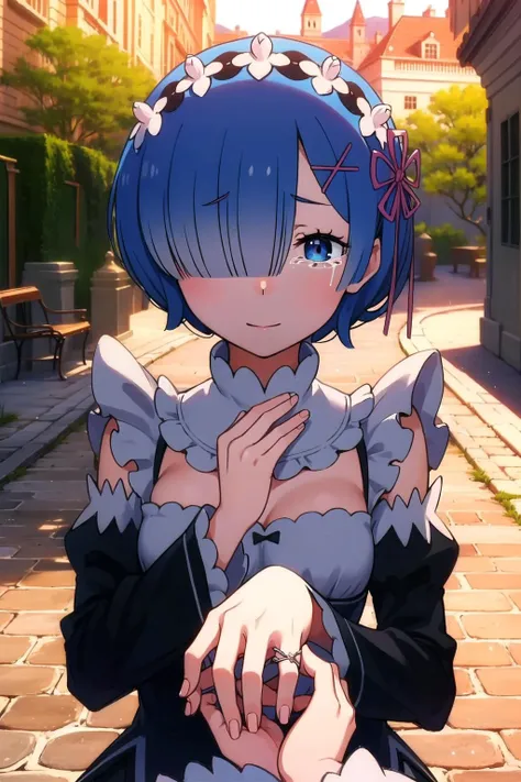 anime, hdr, soft light, ((best quality)), ((masterpiece)), (detailed), IncrsProp, <lora:Proposal:0.8>, <lora:Oni_Sisters_v2-000026:0.9>, remrin, blue eyes, hair over one eye, medium breasts, maid, hair ribbon, maid headdress, roswaal mansion maid uniform, detached sleeves, looking at viewer, upper body, crying with eyes open, smile, wedding ring, outdoors, pavement, mountain, day