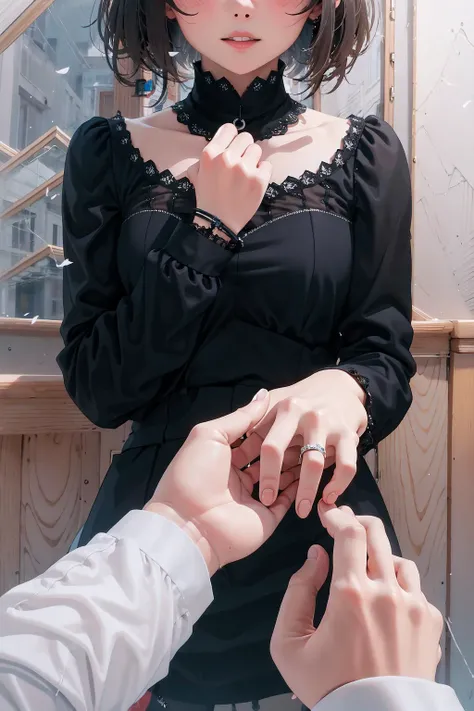 High Quality, Masterpiece, IncrsFrame, <lora:EyesOutOfFrame:1>, head out of frame, 1girl, IncrsProp, wedding ring, <lora:Pos_Proposal:1>,