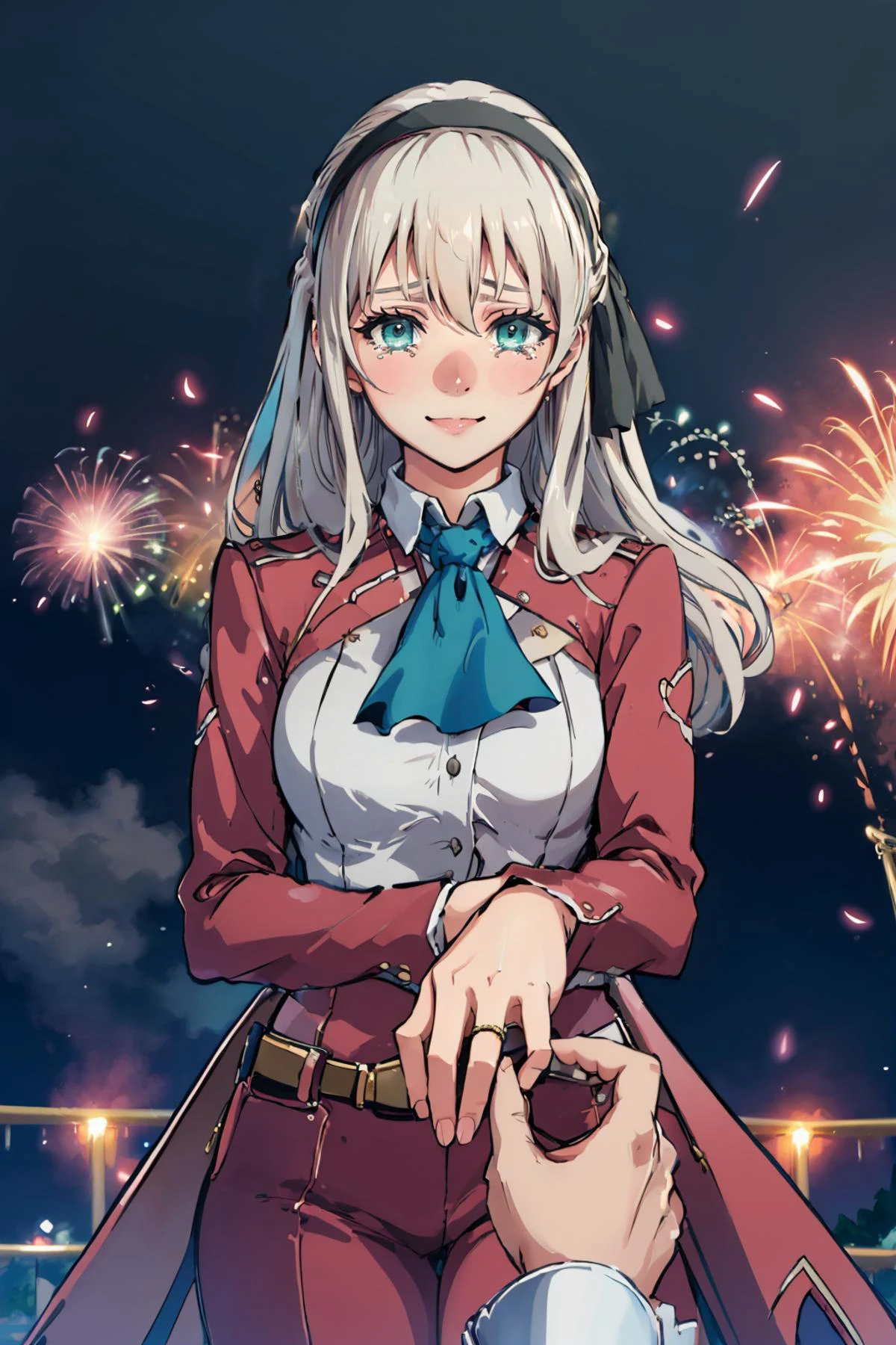 masterpiece, best quality, <lora:Proposal:1> IncrsProp, wedding ring <lora:elie-nvwls-v2-zero:0.7> elie macdowell, green eyes, hairband, blue ascot, hair ribbon, long sleeves, belt, tears in eyes, smile, amusement park, night, fireworks