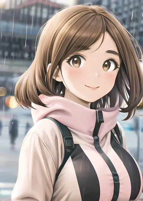 ochako,mix4,(8k, RAW photo, best quality, masterpiece:1.2), brown hair, brown eyes, (realistic, photo-realistic:1.37),1girl,cute,cityscape, night, rain, wet, professional lighting, photon mapping, radiosity, physically-based rendering, Ochako, 1girl, breasts, bodysuit, solo, smile, huge breasts, looking at viewer, blush, superhero, alternate breast size, multicolored<lora:cuteGirlMix4_v10:1> ,<lora:ochakoUrarakaMHA_v10:1>