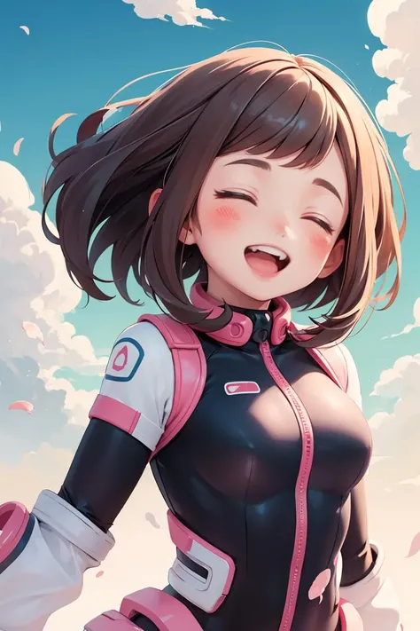 Ochako,1girl,solo,smile,sky,cloud,open mouth,closed eyes,blush stickers,day,blue sky,bodysuit,:d,wind,upper body,floating hair,teeth,blush,facing viewer,outdoors,cloudy sky,^_^,<lora:Ochakodim8:0.8>,chibi,