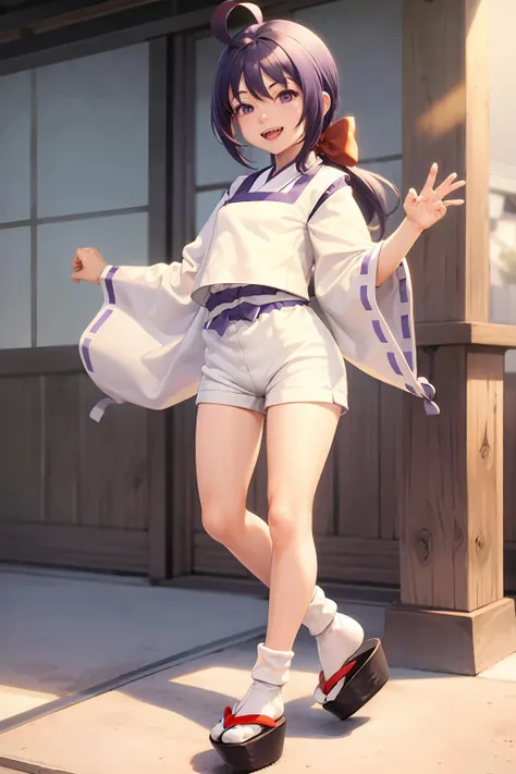 masterpiece, best quality, <lora:akari:1>,1girl, gohei, purple eyes, purple hair, shorts, onmyouji, ahoge, solo, japanese clothes, long hair, tabi, white shorts, full body, ribbon-trimmed sleeves, shikigami, wide sleeves, holding, white socks, socks, open mouth, ribbon trim, smile, sandals, looking at viewer, geta, teeth, very long hair, ofuda, blush, standing, shide, ponytail, hair between eyes, black footwear, zouri, bow, belt, hair bow, short shorts, miko, ribbon, alternate costume, small breasts, kariginu