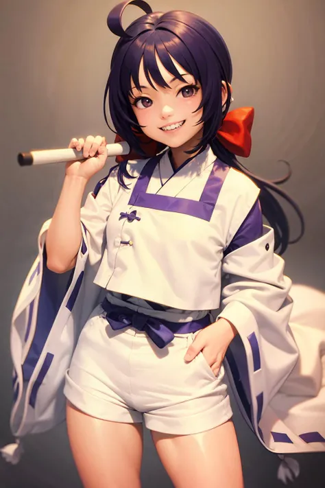 masterpiece, best quality, <lora:akari:1>,1girl,grin,oonusa,gohei,grey background, (kbxll:0.6)