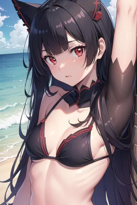 rorymercury, <lora:rorymercury:1>, rory mercury, black hair, blunt bangs, hime cut, hair ornament, lipstick, long hair, makeup, (small chest:1.2), (red eyes:1.5),
BREAK bikini,
BREAK outdoors, beach,
BREAK looking at viewer, 
BREAK <lora:GoodHands-vanilla:1>, (masterpiece:1.2), best quality, high resolution, unity 8k wallpaper, (illustration:0.8), (beautiful detailed eyes:1.6), extremely detailed face, perfect lighting, extremely detailed CG, (perfect hands, perfect anatomy),