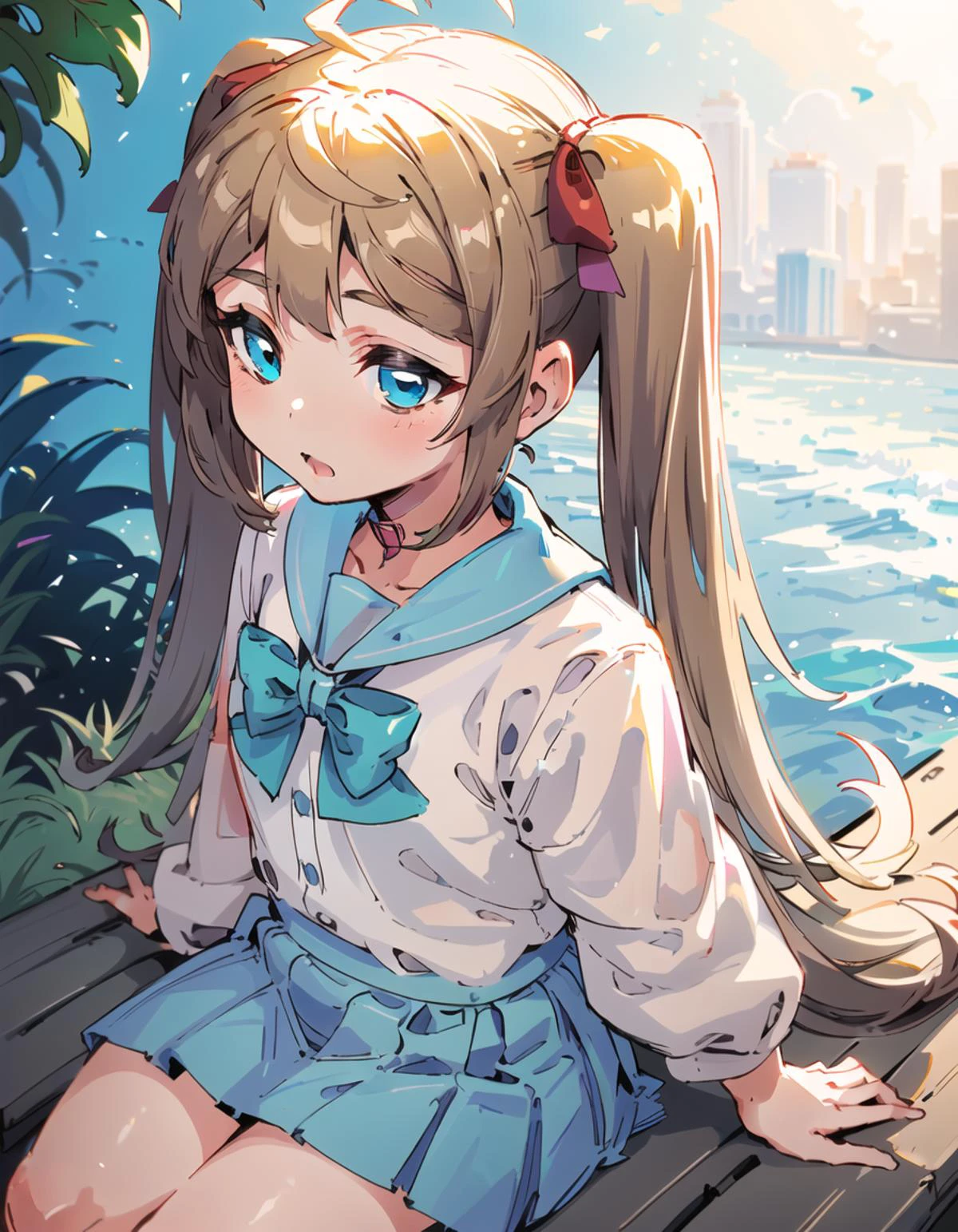 masterpiece, best quality, A brown-haired girl with blue eyes is walking down the street in her blue and white school uniform on a sunny day. She ties her hair into twin tails with pink bows and wears a light blue skirt and a white blouse with a turquoise bow on the collar. On top of her head sits a small green turtle.