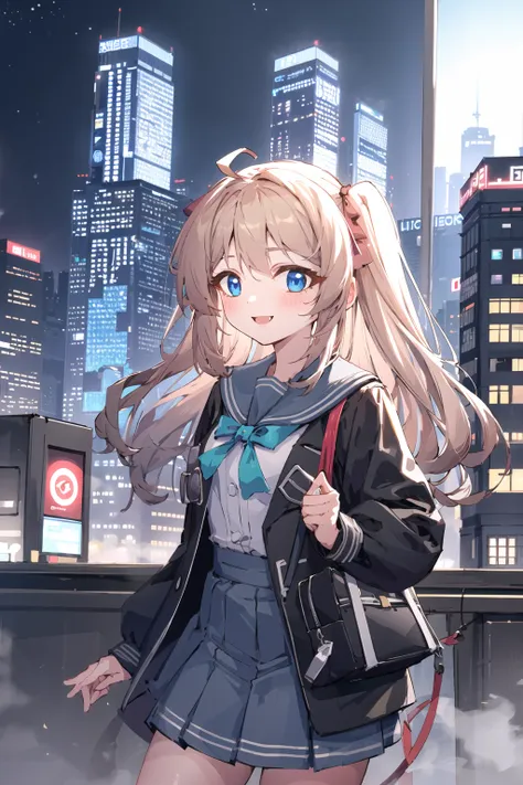 masterpiece, best quality, 1girl, solo, <lora:neurosamaV2:0.8>, smile, school uniform, computer, cyberpunk, cityscape, skyscraper, night, starry sky, lens flare,