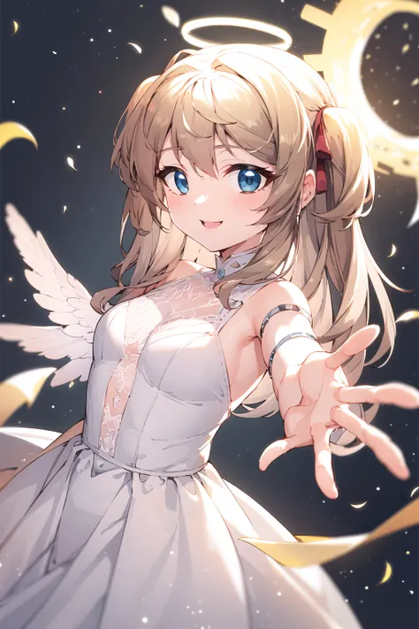 masterpiece, best quality,  <lora:neurosamaV2:0.8>, smile, halo, white dress, wing hair ornament, angel, goddess, reaching towards viewer