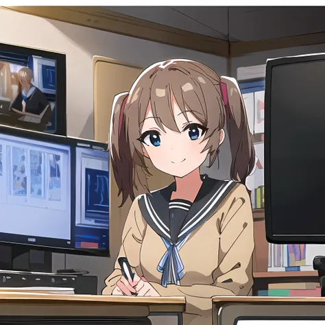 2d, masterpiece, best quality, anime, highly detailed eyes, highly detailed face, highly detailed background, perfect lighting, full body, bedroom, 1girl, smile, computer, monitor, school uniform, short twintails, black eyes, blue ribbon <lora:neuro-sama:0.8>