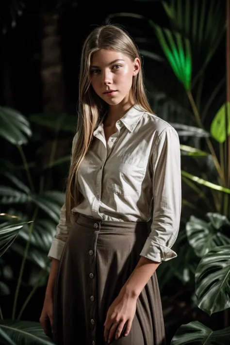 photo of Kryst4lB0ydd_HM-135, a woman, perfect hair, (modern photo), wearing button up shirt and maxi skirt, 50mm medium telephoto (analog, cinematic, film grain:1.3), Bioluminescent Jungle, Dense jungle of glowing plants and creatures., detailed eyes, professional pose, (epiCPhoto), (looking at viewer:1.1), (cinematic shot:1.3), (broad style lighting), <lora:add_detail:0.5>