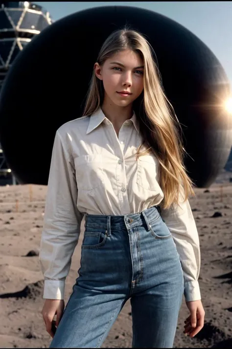 photo of Kryst4lB0ydd_HM-135, a woman, perfect hair, (modern photo), wearing long sleeve button-up shirt and jeans, 50mm standard (analog, cinematic, film grain:1.3), Lunar Colony, Self-sustaining moon colony with domed structures, lunar rovers, spaceports, and Earthrise views., detailed eyes, professional pose, (epiCPhoto), (looking at viewer:1.1), (cinematic shot:1.3), (natural style lighting), <lora:add_detail:0.5>