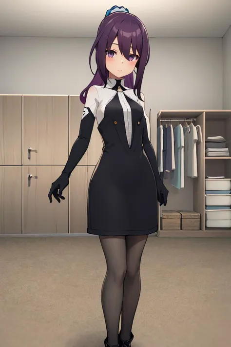 1girl, nikotama mai, earth tailleur, ponytail, hair scrunchie, white collar, white shirt, black dress, elbow gloves, black gloves, long sleeves, grey pantyhose, black footwear, indoors <lora:fingers4civitai:1:1:lbw=OUTALL> <lora:nikotama_mai_locon_v1:0.7>