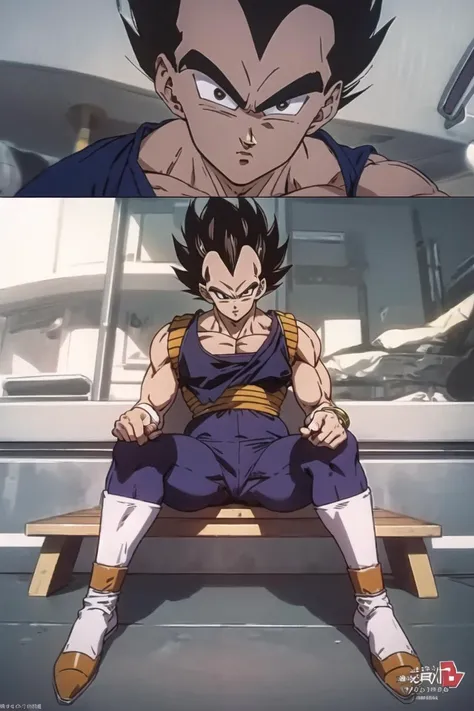 (masterpiece),best quality,looking at viewer,Look directly,sitting,spread legs,full body,<lora:dragonball-10:0.75>,vegeta,