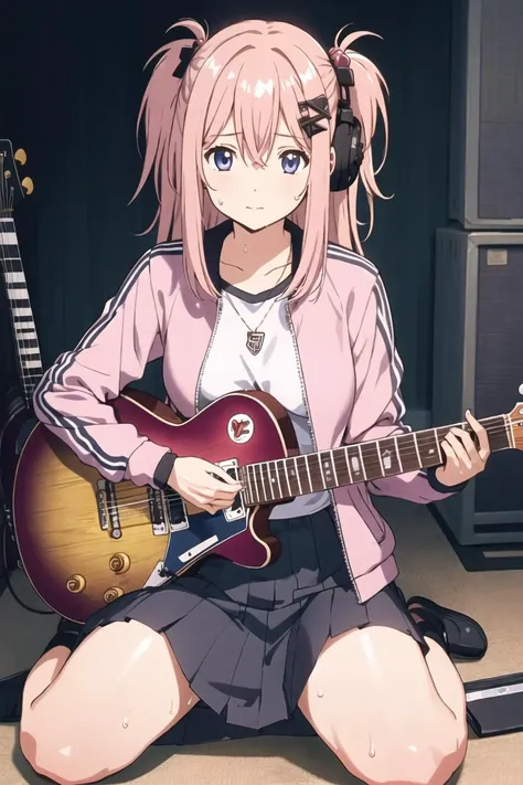 (masterpiece),best quality,sitting,wariza,1girl,gotou hitori,cube hair ornament,pink jacket,instrument,skirt,solo,jacket,pink hair,electric guitar,gibson les paul,long hair,guitar,hair ornament,track jacket,holding instrument,blue eyes,holding,black skirt,bangs,looking at viewer,pleated skirt,sweat,music,long sleeves,hair between eyes,one side up,playing instrument,closed mouth,breasts,